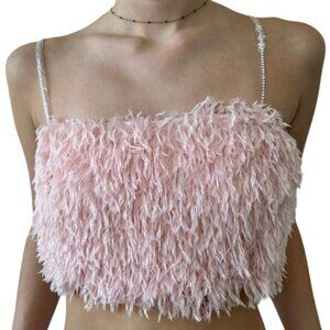 House of Harlow 1960 Pink Rhinestone Feather Stretchy Crop Top